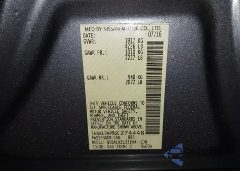 2016 Nissan Altima 2.5 Sr z USA, uszkodzony, nr VIN 1N4AL3AP9GC274448